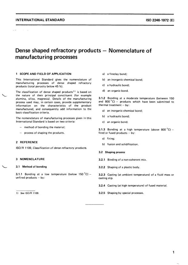 ISO 2246:1972 - Dense shaped refractory products -- Nomenclature of manufacturing processes