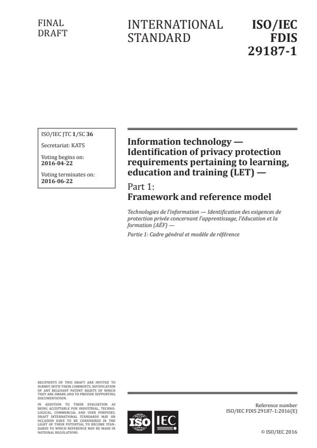 ISO/IEC CD 29187-1 - Information technology -- Identification of privacy protection requirements pertaining to learning, education and training (LET)