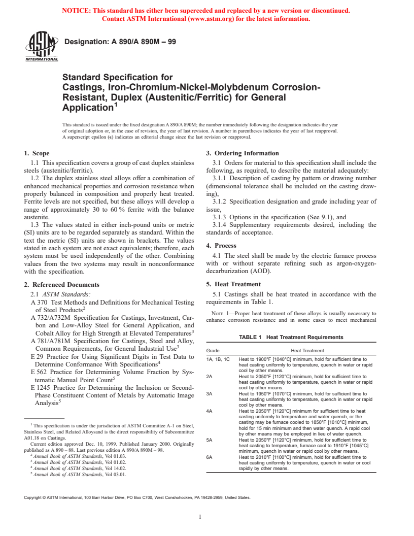 ASTM A890/A890M-99 - Standard Specification for Castings, Iron-Chromium-Nickel-Molybdenum Corrosion-Resistant, Duplex (Austenitic/Ferritic) for General Application