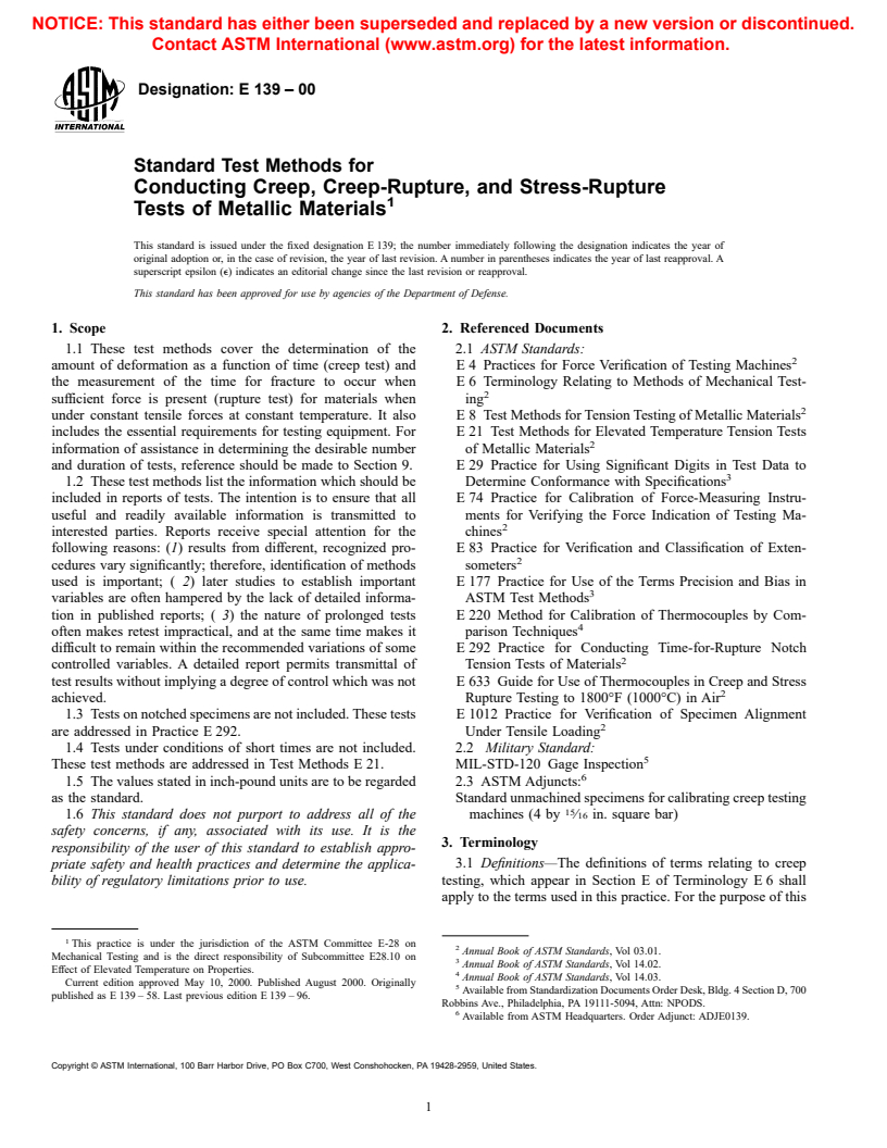 ASTM E139-00 - Standard Test Methods for Conducting Creep, Creep-Rupture, and Stress-Rupture Tests of Metallic Materials