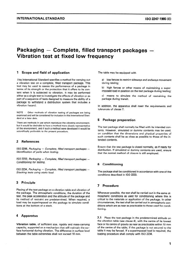 ISO 2247:1985 - Packaging -- Complete, filled transport packages -- Vibration test at fixed low frequency