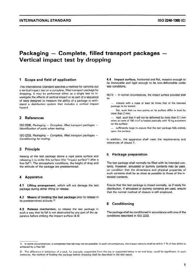 ISO 2248:1985 - Packaging -- Complete, filled transport packages -- Vertical impact test by dropping