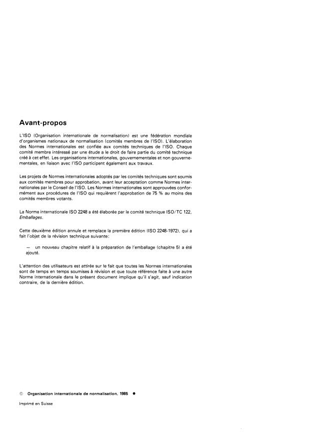 ISO 2248:1985 ISO 2248:1985 - Emballages -- Emballages d'expédition complets et pleins -- Essai de choc vertical par chute libre - Page 2 preview