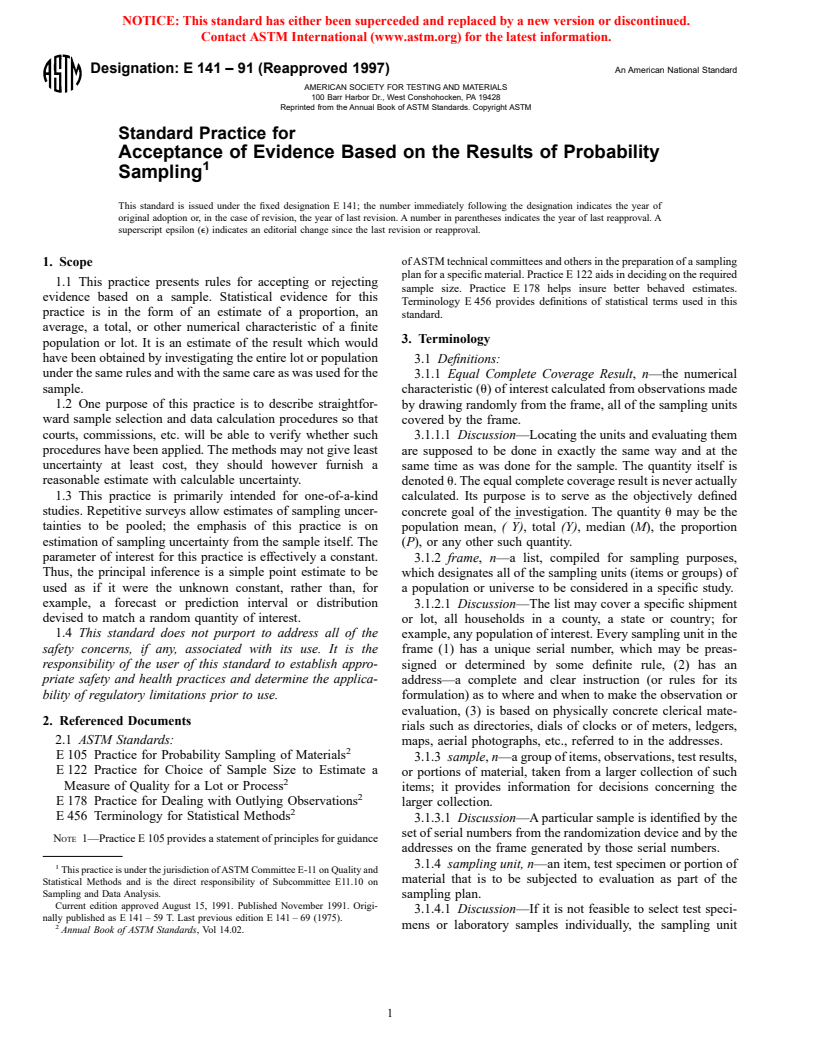 ASTM E141-91(1997) - Standard Practice for Acceptance of Evidence Based on the Results of Probability Sampling