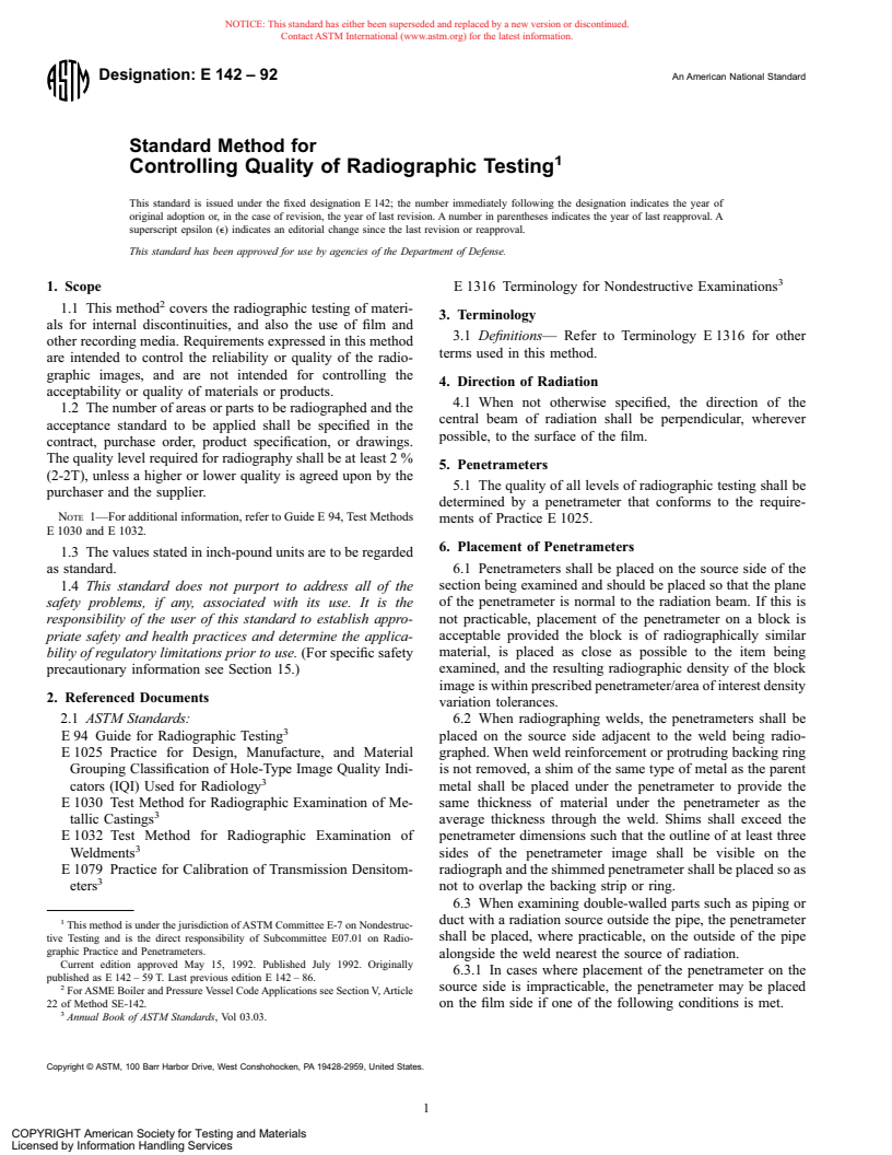 ASTM E142-92 - Method for Controlling Quality of Radiographic Testing (Withdrawn 2000)