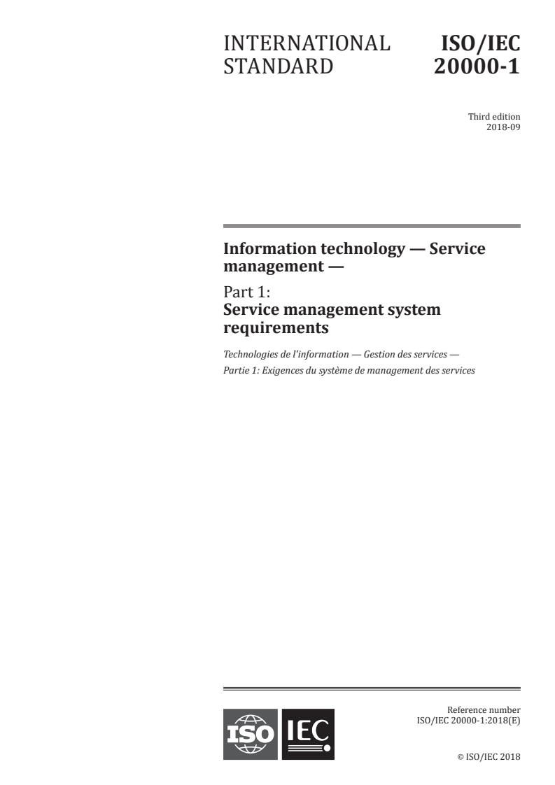 ISO/IEC 20000-1:2018 ISO/IEC 20000-1:2018 - Information technology — Service management — Part 1: Service management system requirements
Released:9/14/2018 - Page 1 preview