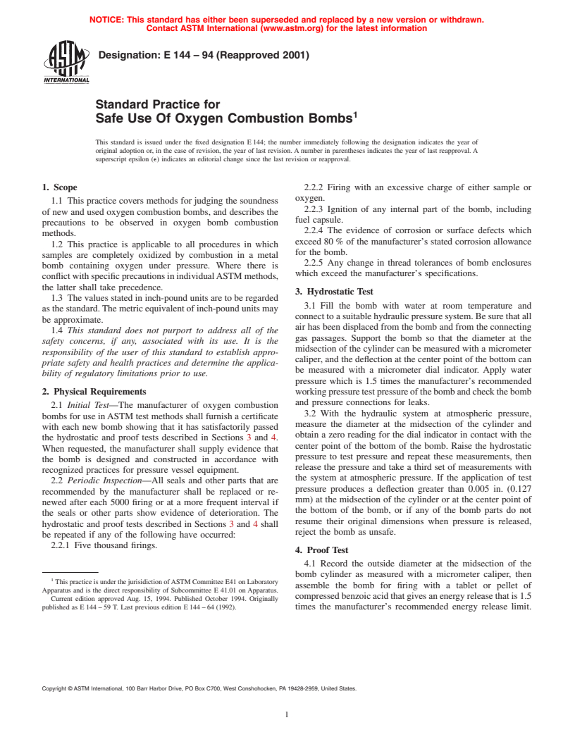 ASTM E144-94(2001) - Standard Practice for Safe Use Of Oxygen Combustion Bombs