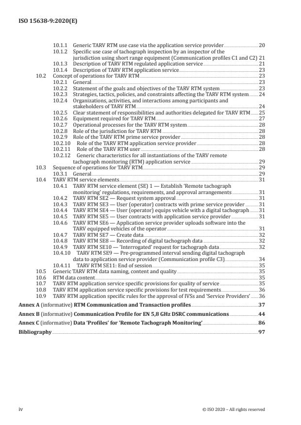 ISO 15638-9:2020 ISO 15638-9:2020 - Intelligent transport systems -- Framework for cooperative telematics applications for regulated commercial freight vehicles (TARV) - Page 4 preview