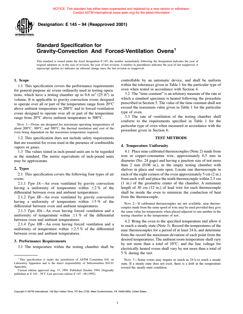 ASTM E145-94(2001) - Standard Specification for Gravity-Convection And Forced-Ventilation Ovens