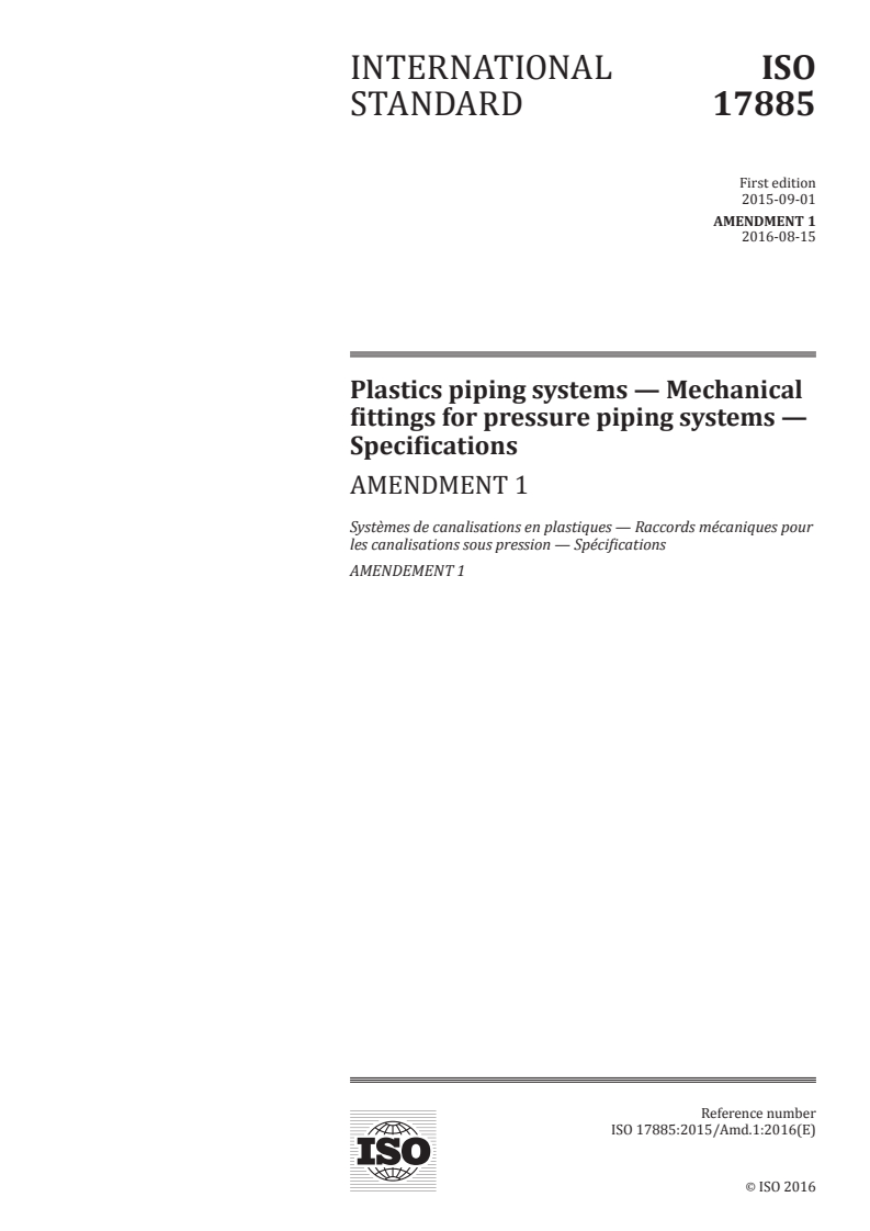 ISO 17885:2015/Amd 1:2016 - Plastics piping systems — Mechanical fittings for pressure piping systems — Specifications — Amendment 1
Released:7/28/2016