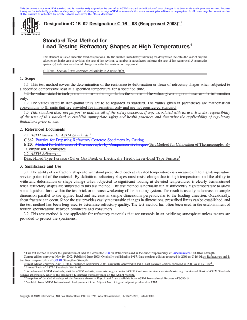 REDLINE ASTM C16-03(2008)e1 - Standard Test Method for  Load Testing Refractory Shapes at High Temperatures