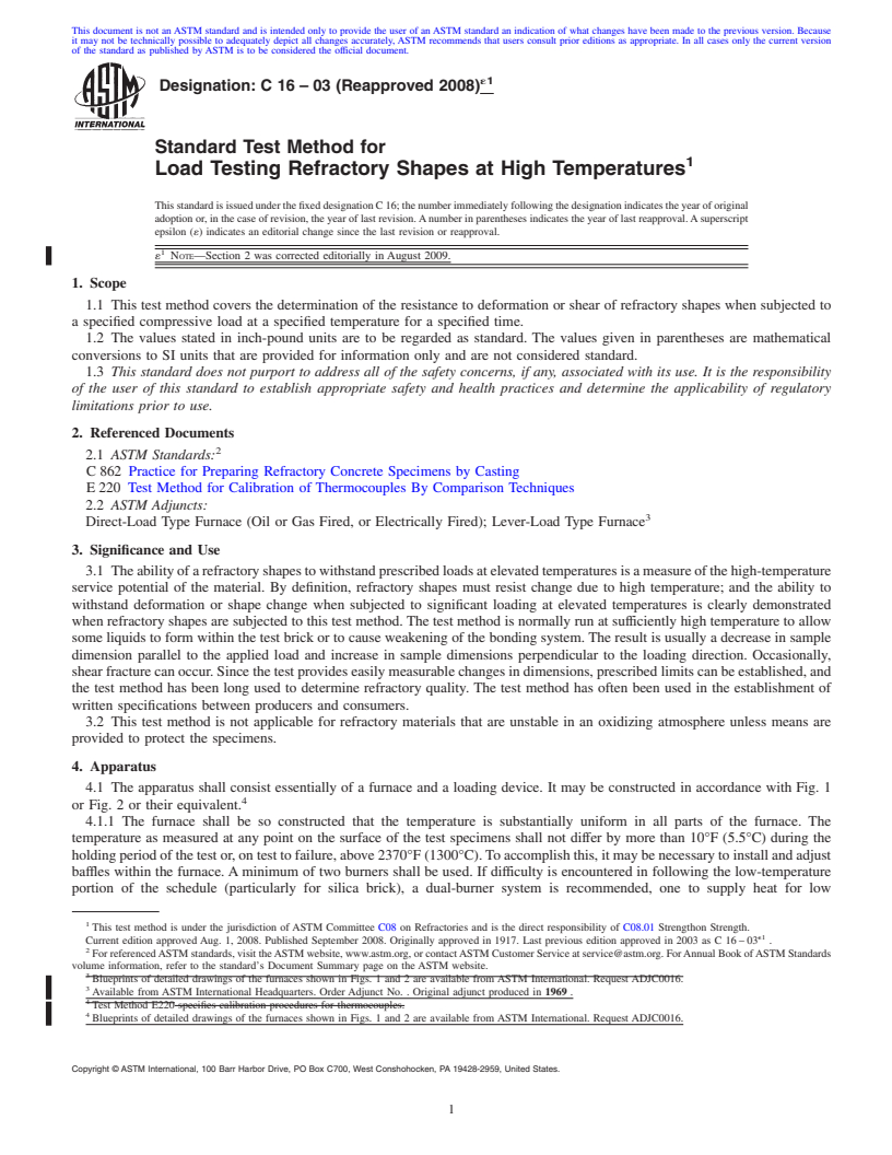 REDLINE ASTM C16-03(2008)e1 - Standard Test Method for  Load Testing Refractory Shapes at High Temperatures