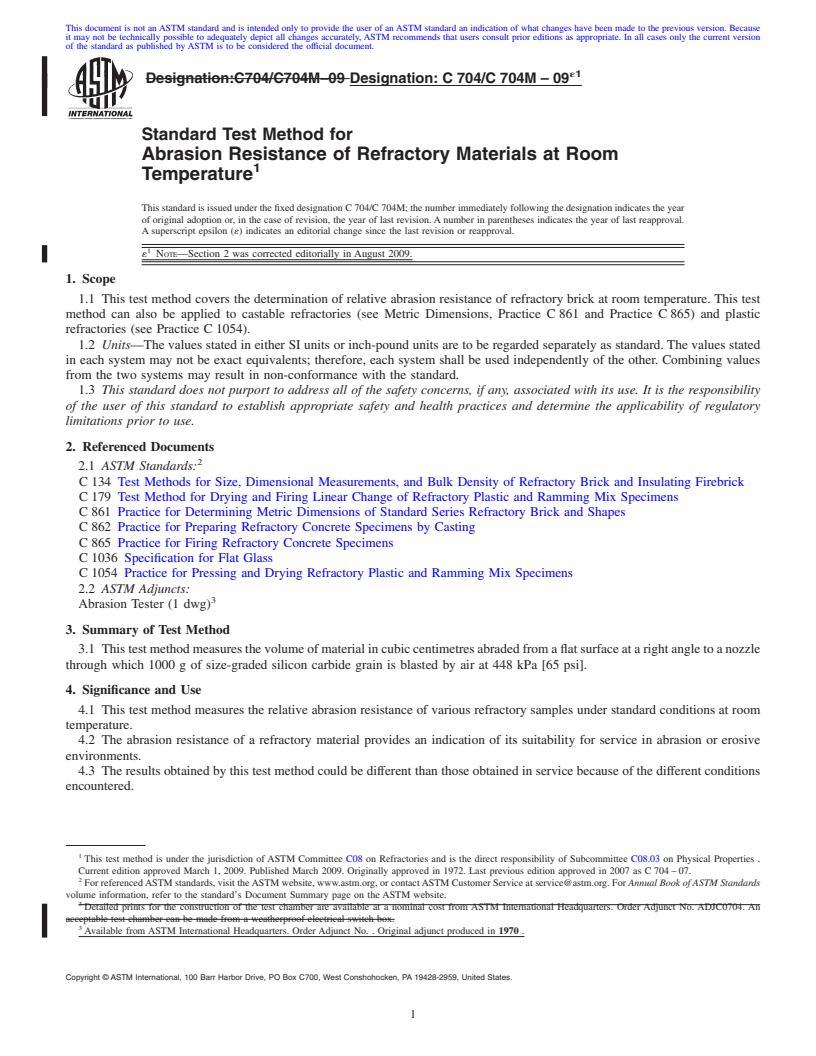 REDLINE ASTM C704/C704M-09e1 - Standard Test Method for Abrasion Resistance of Refractory Materials at Room Temperature