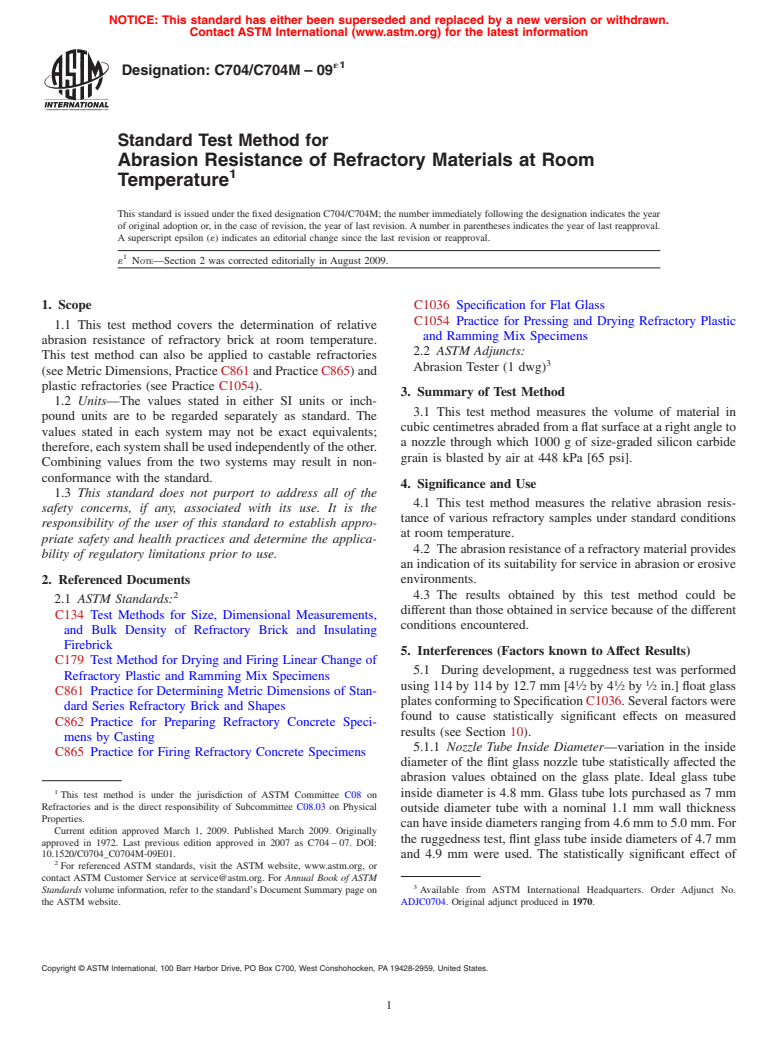 ASTM C704/C704M-09e1 - Standard Test Method for Abrasion Resistance of Refractory Materials at Room Temperature