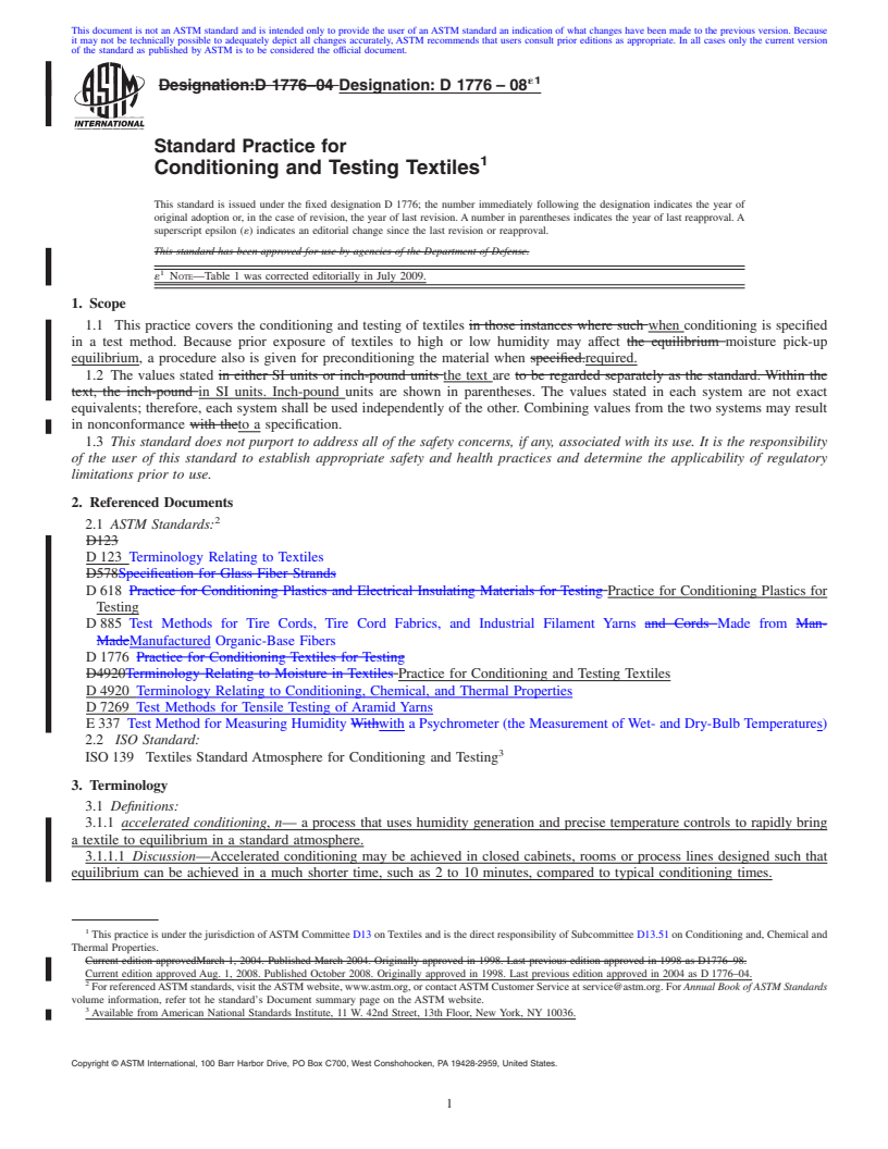 REDLINE ASTM D1776-08e1 - Standard Practice for  Conditioning and Testing Textiles
