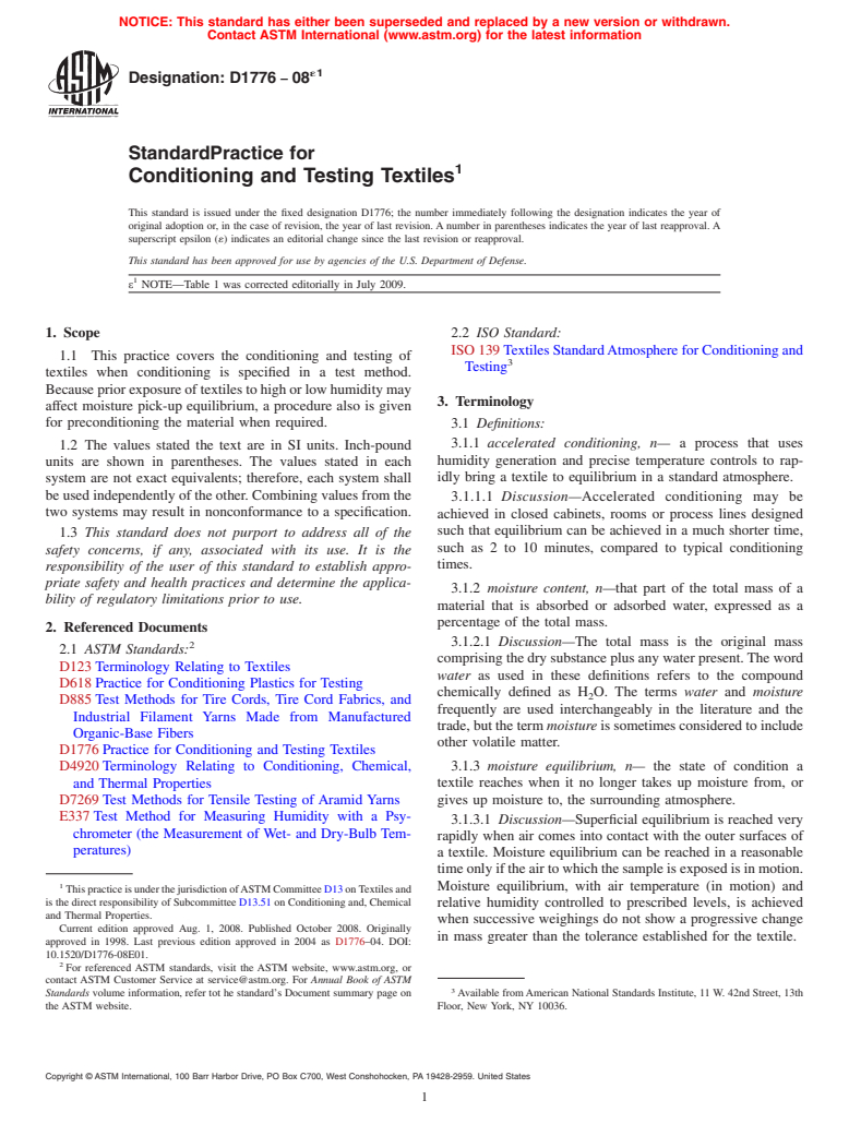 ASTM D1776-08e1 - Standard Practice for  Conditioning and Testing Textiles