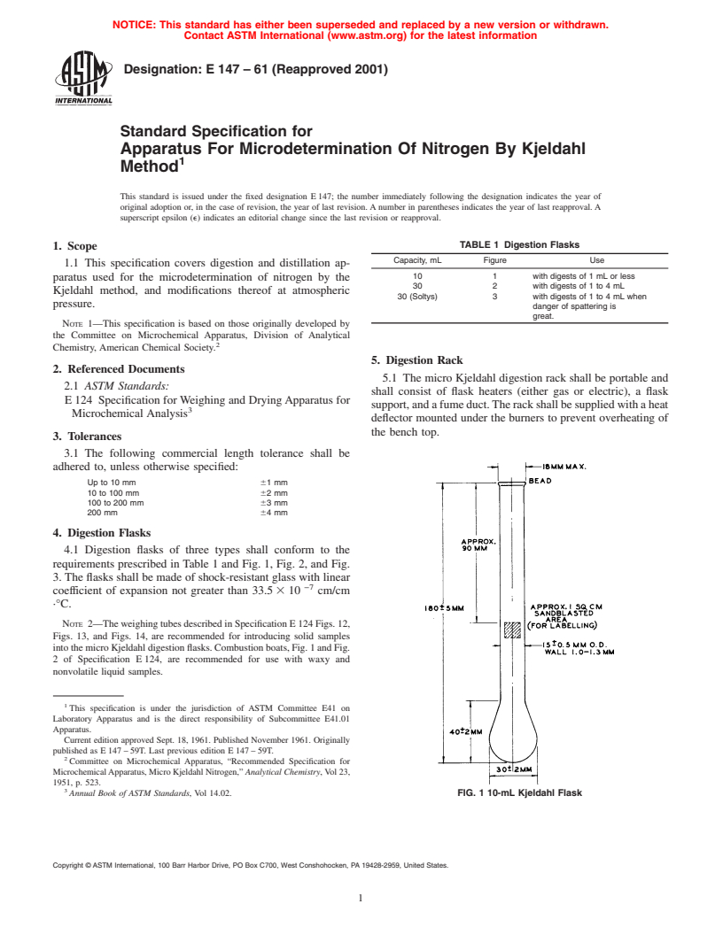 ASTM E147-61(2001) - Standard Specification for Apparatus For Microdetermination Of Nitrogen By Kjeldahl Method