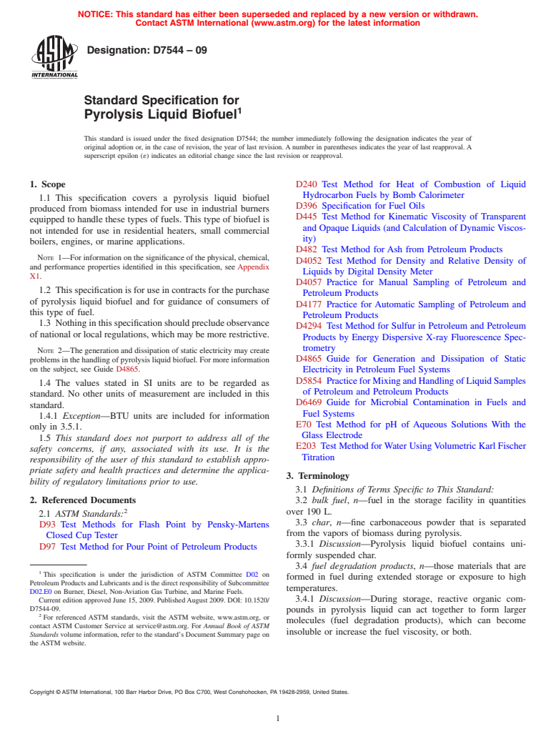 ASTM D7544-09 - Standard Specification for Pyrolysis Liquid Biofuel