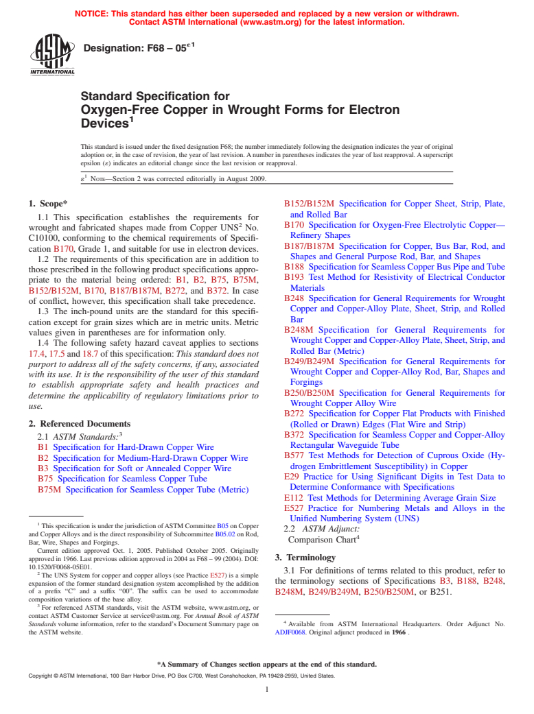 ASTM F68-05e1 - Standard Specification for Oxygen-Free Copper in Wrought Forms for Electron Devices