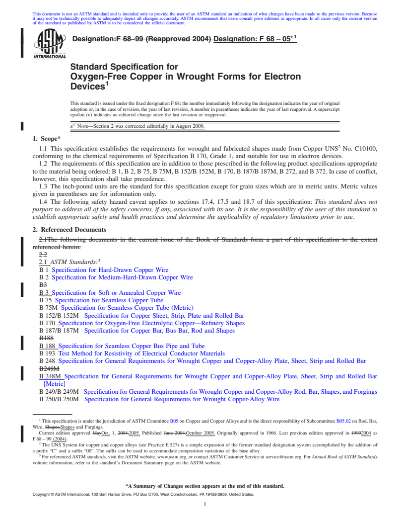 REDLINE ASTM F68-05e1 - Standard Specification for Oxygen-Free Copper in Wrought Forms for Electron Devices