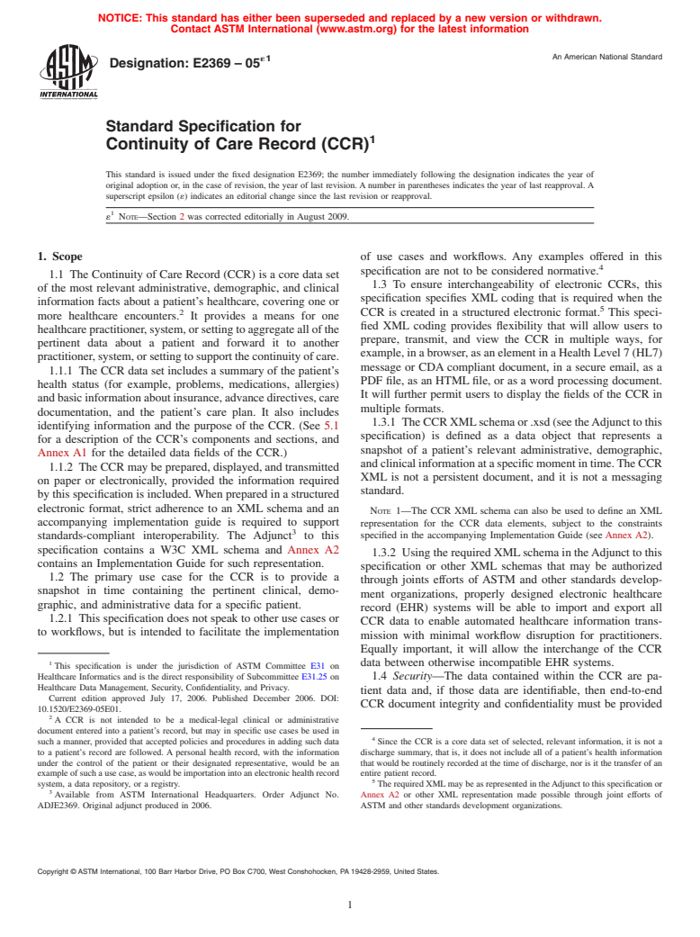 ASTM E2369-05e1 - Standard Specification for Continuity of Care Record (CCR)