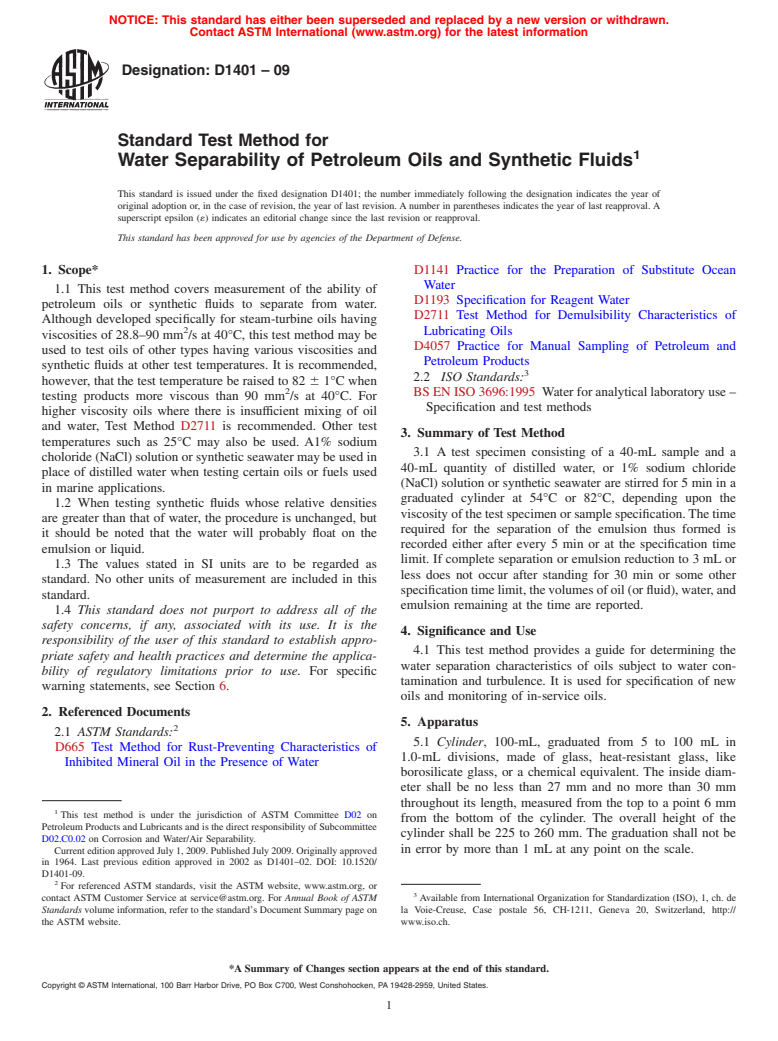 ASTM D1401-09 - Standard Test Method for Water Separability of Petroleum Oils and Synthetic Fluids