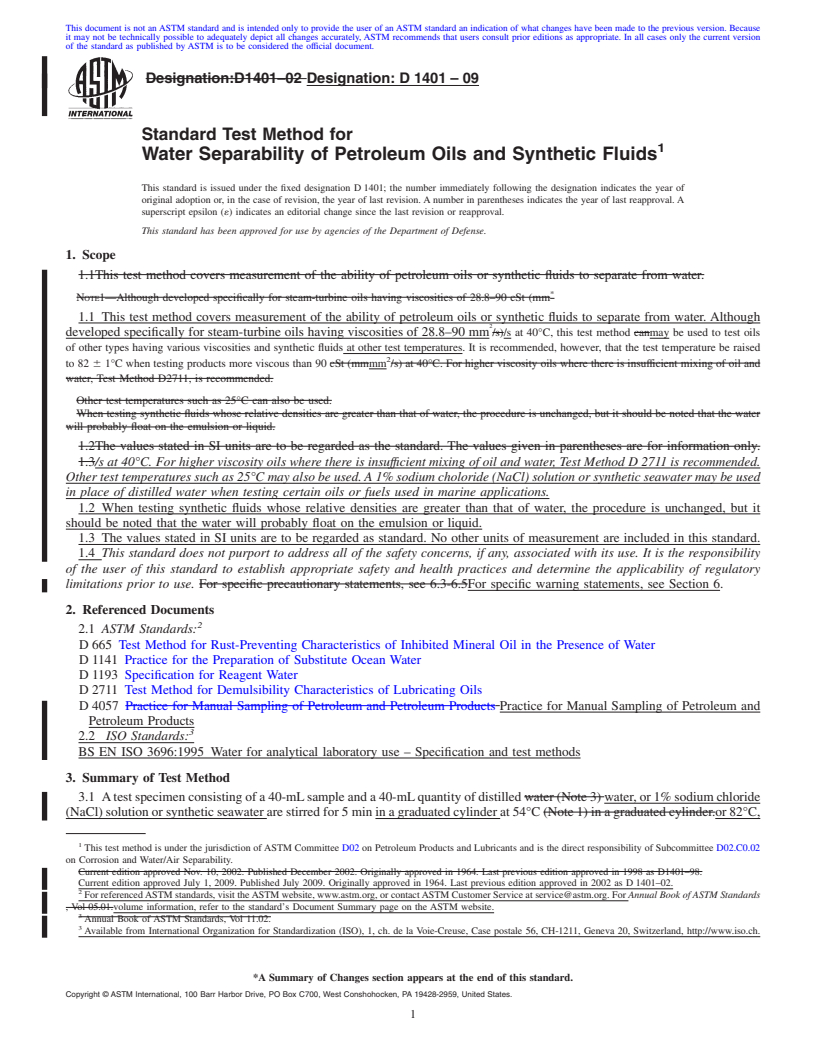 REDLINE ASTM D1401-09 - Standard Test Method for Water Separability of Petroleum Oils and Synthetic Fluids