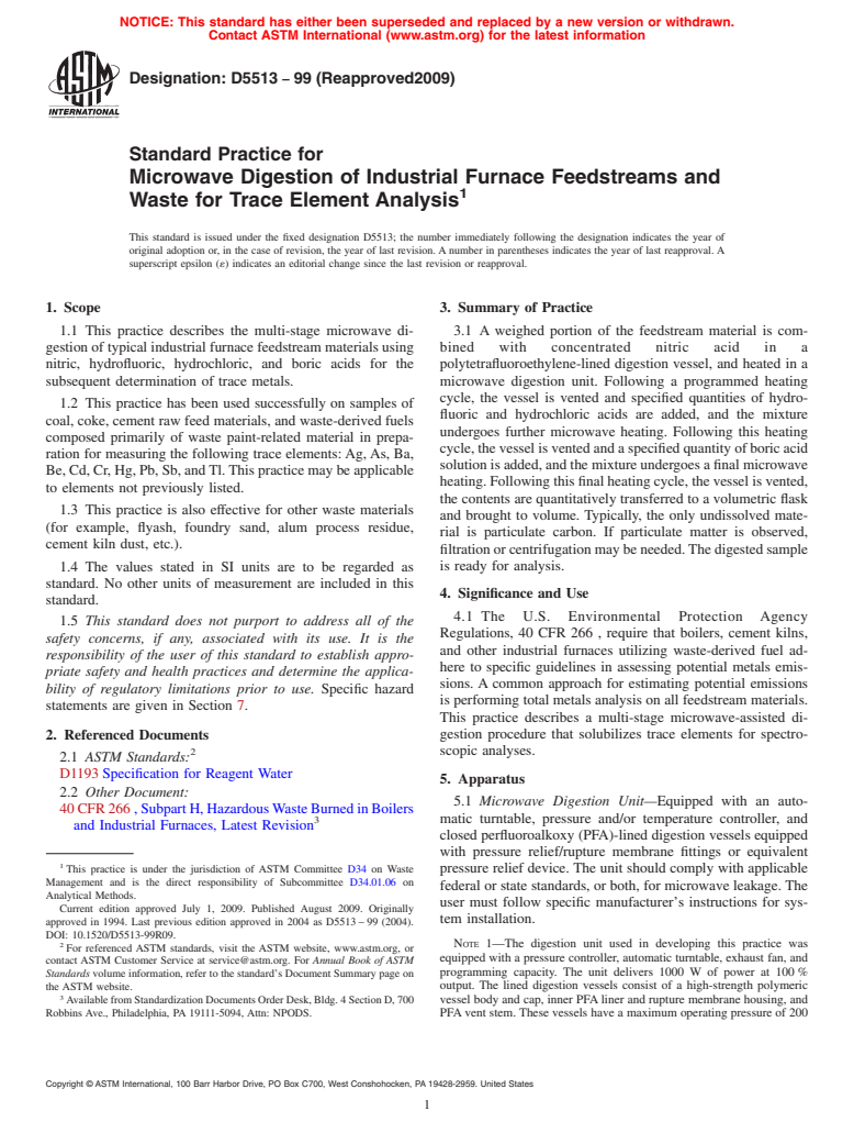 ASTM D5513-99(2009) - Standard Practice for Microwave Digestion of Industrial Furnace Feedstreams and Waste for Trace Element Analysis