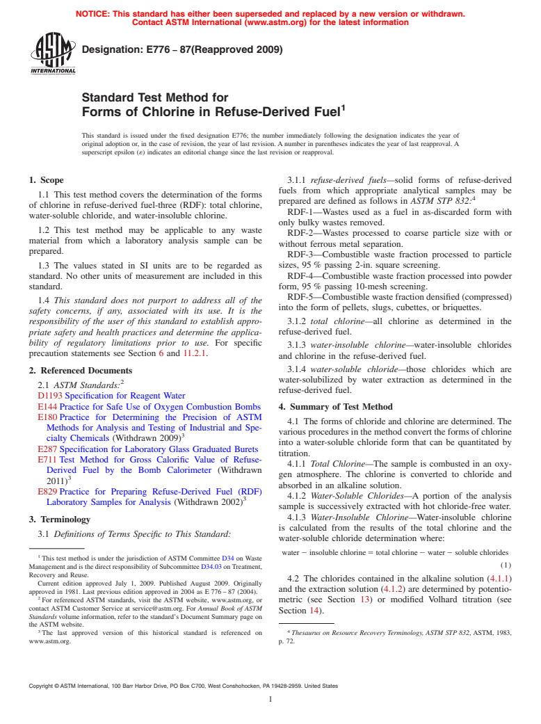 ASTM E776-87(2009) - Standard Test Method for Forms of Chlorine in Refuse-Derived Fuel