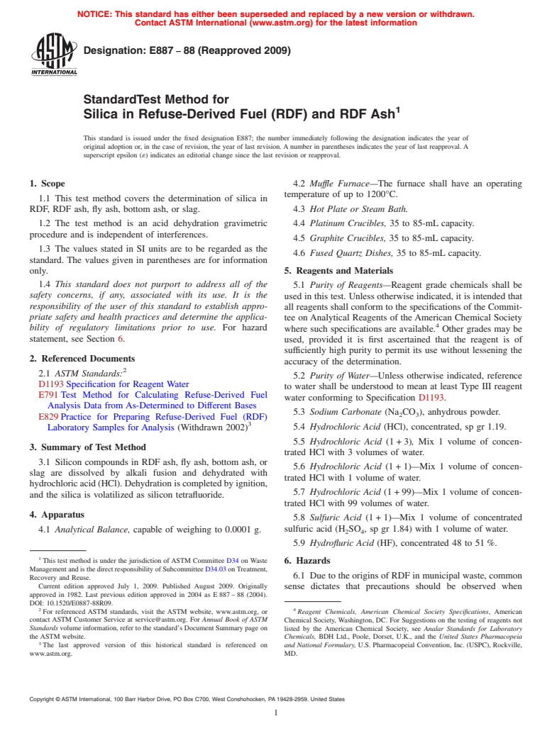 ASTM E887-88(2009) - Standard Test Method for Silica in Refuse-Derived Fuel (RDF) and RDF Ash