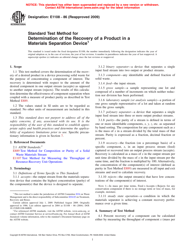 ASTM E1108-86(2009) - Standard Test Method for Determination of the Recovery of a Product in a Materials Separation Device