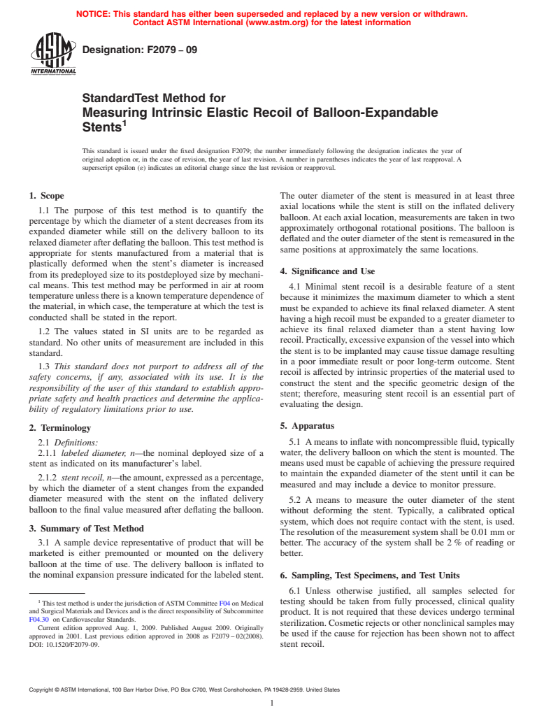 ASTM F2079-09 - Standard Test Method for Measuring Intrinsic Elastic Recoil of Balloon-Expandable Stents