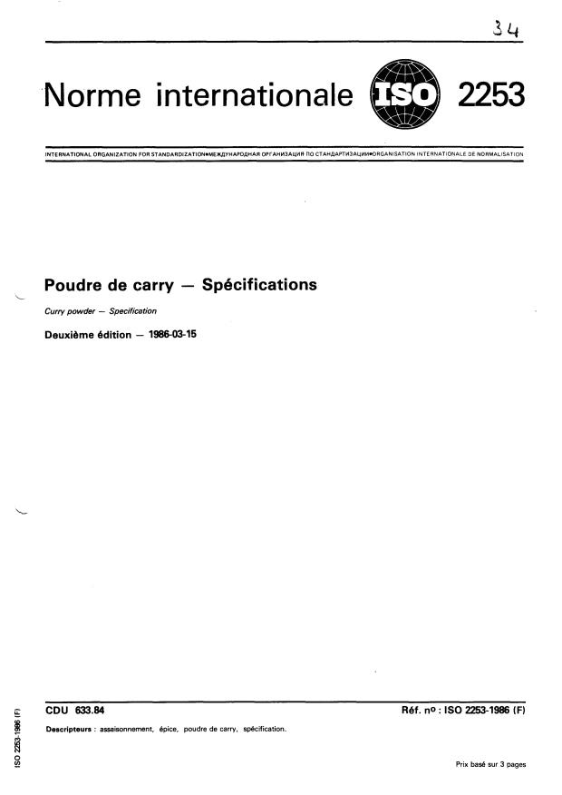 ISO 2253:1986 - Poudre de carry -- Spécifications