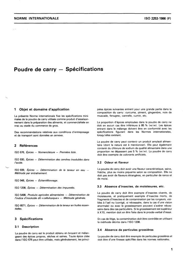 ISO 2253:1986 - Poudre de carry -- Spécifications
