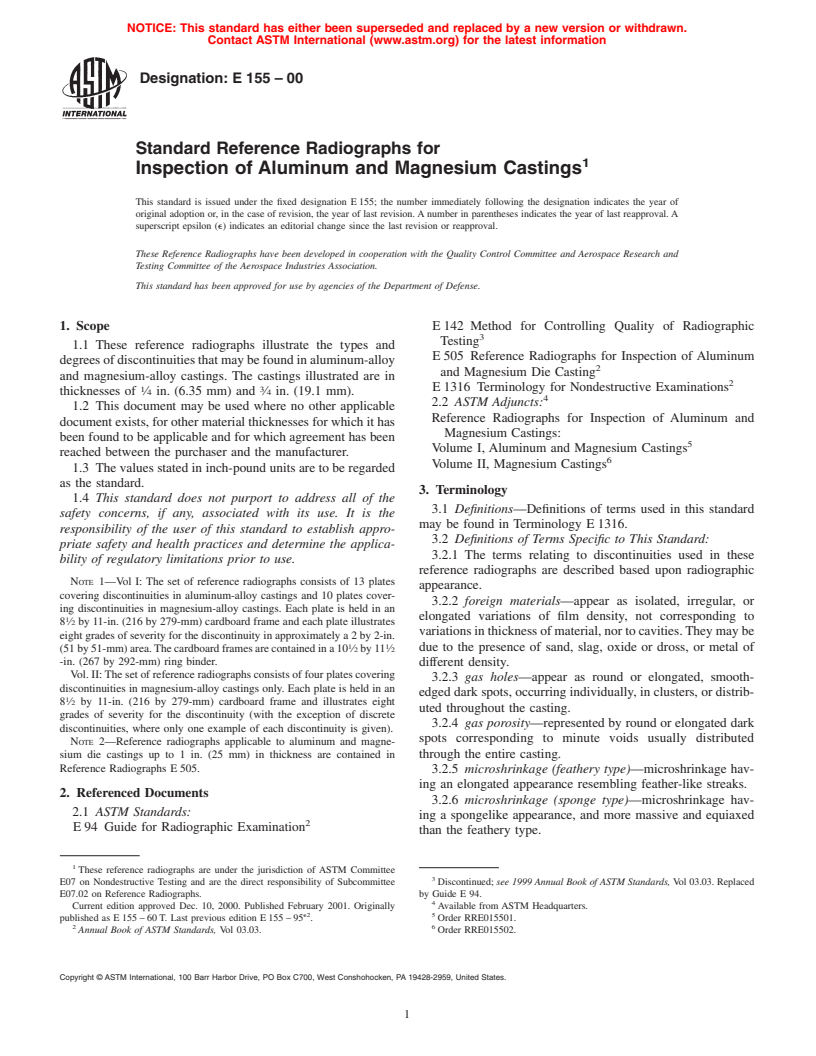 ASTM E155-00 - Standard Reference Radiographs for Inspection of Aluminum and Magnesium Castings