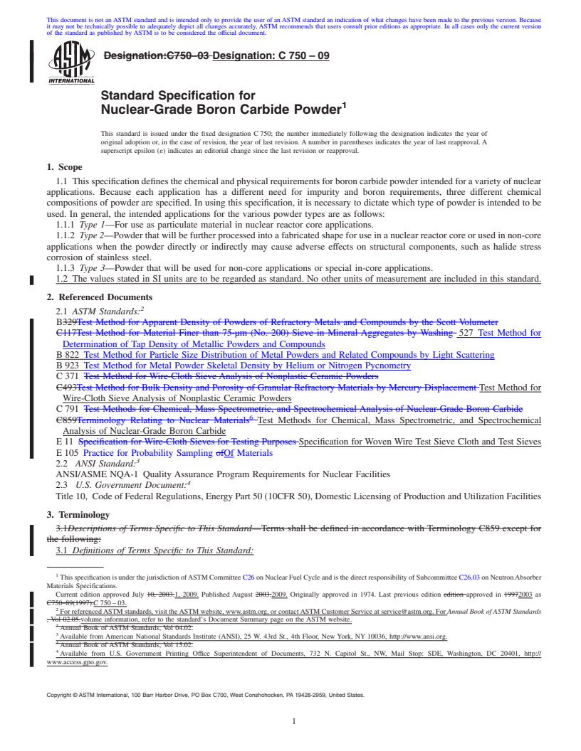 REDLINE ASTM C750-09 - Standard Specification for Nuclear-Grade Boron Carbide Powder