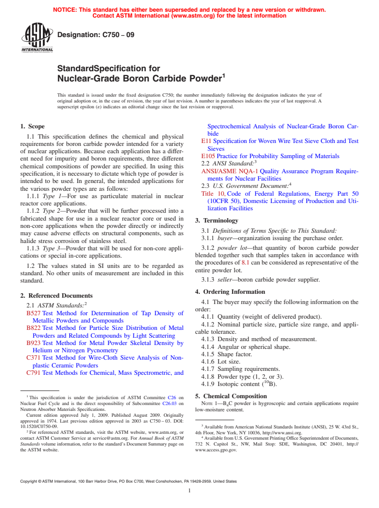 ASTM C750-09 - Standard Specification for Nuclear-Grade Boron Carbide Powder