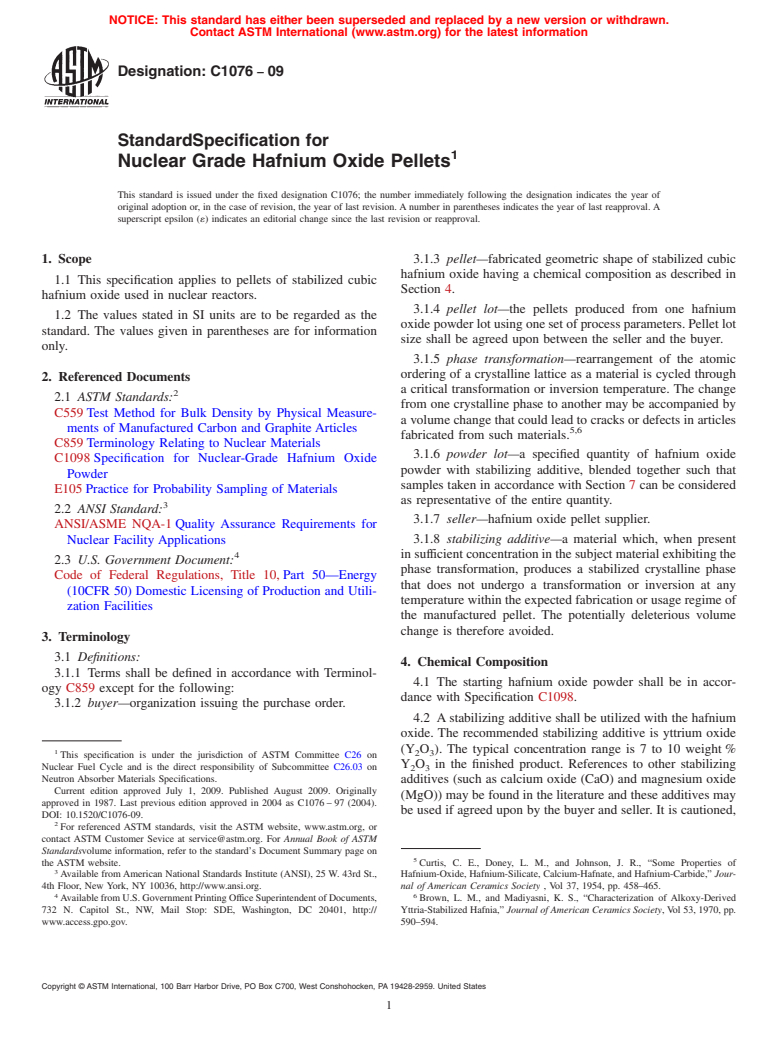 ASTM C1076-09 - Standard Specification for Nuclear Grade Hafnium Oxide Pellets