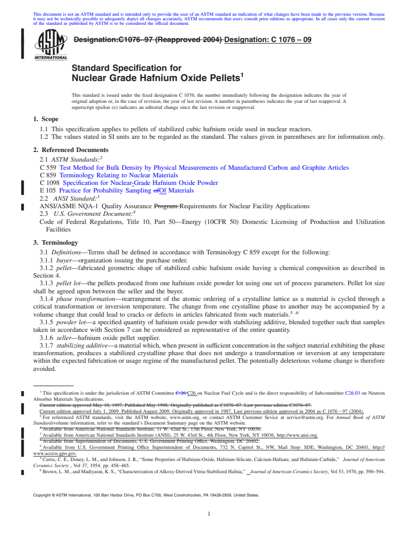 REDLINE ASTM C1076-09 - Standard Specification for Nuclear Grade Hafnium Oxide Pellets