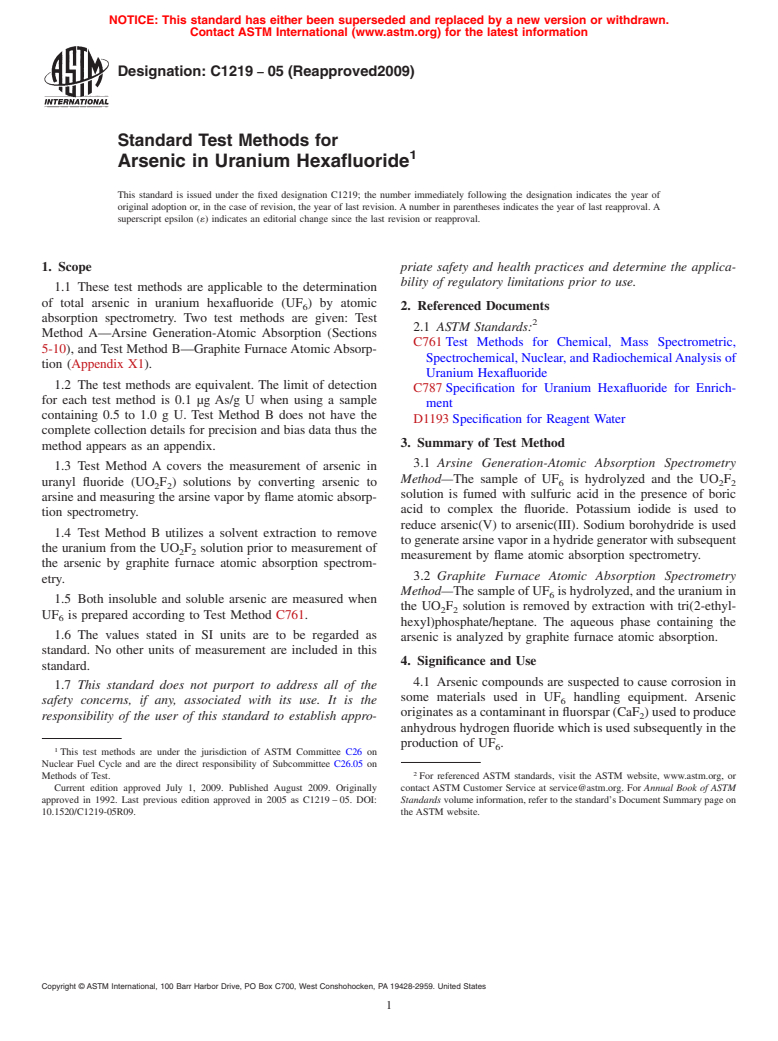 ASTM C1219-05(2009) - Standard Test Methods for Arsenic in Uranium Hexafluoride (Withdrawn 2015)