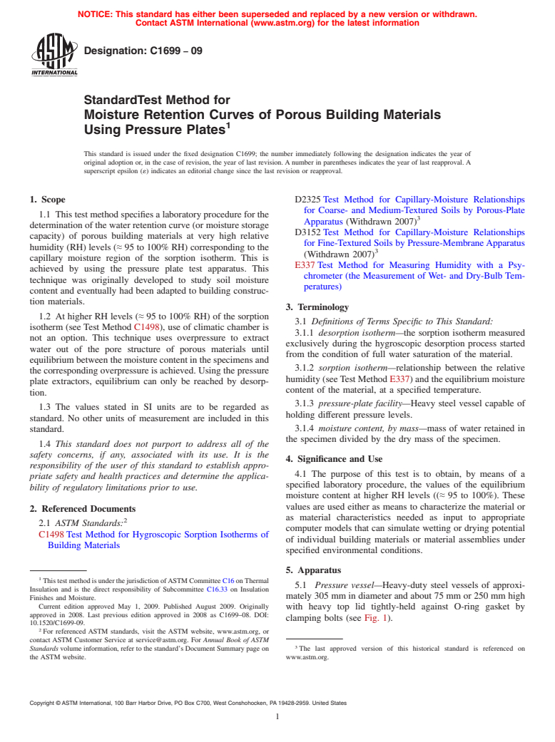 ASTM C1699-09 - Standard Test Method for Moisture Retention Curves of Porous Building Materials Using Pressure Plates