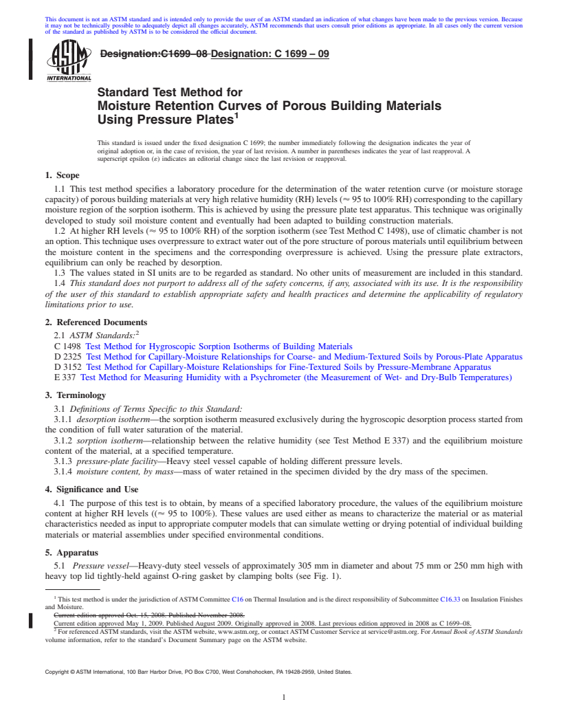 REDLINE ASTM C1699-09 - Standard Test Method for Moisture Retention Curves of Porous Building Materials Using Pressure Plates