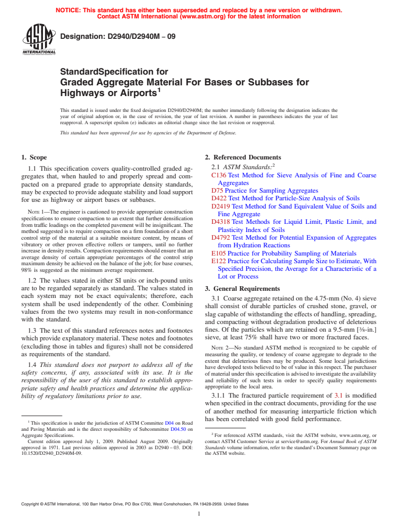 ASTM D2940/D2940M-09 - Standard Specification for Graded Aggregate Material For Bases or Subbases for Highways or Airports