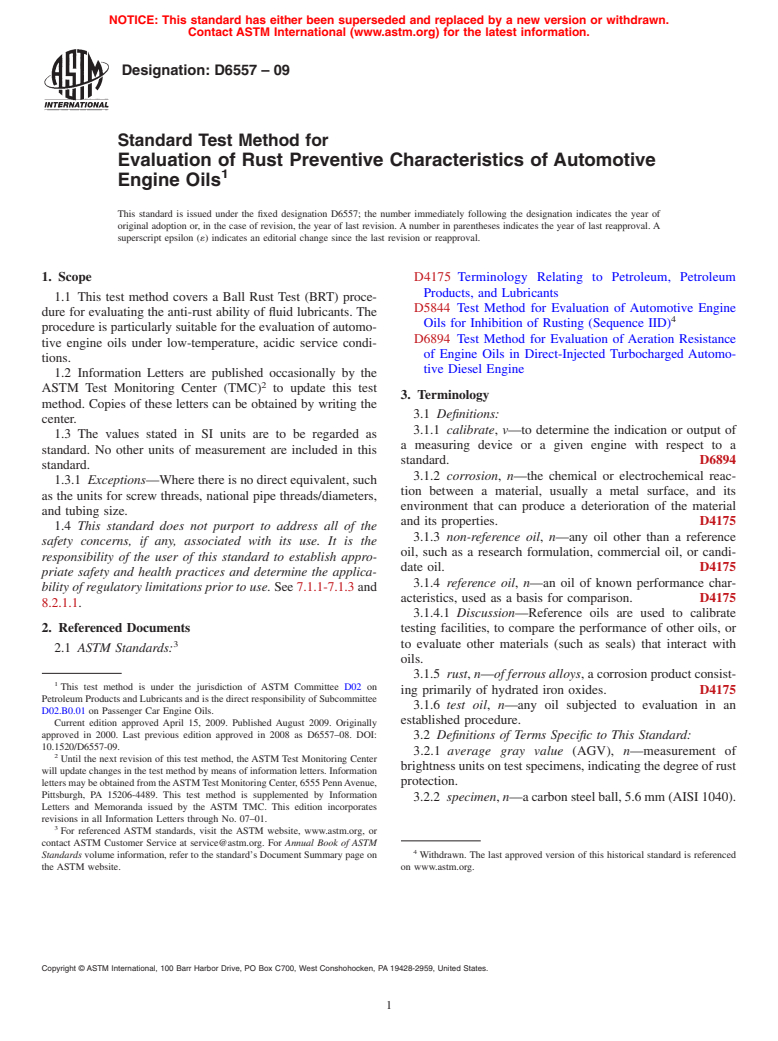 ASTM D6557-09 - Standard Test Method for Evaluation of Rust Preventive Characteristics of Automotive Engine Oils