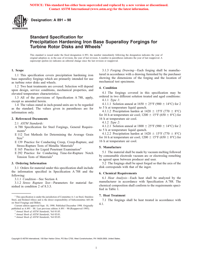 ASTM A891-98 - Standard Specification for Precipitation Hardening Iron Base Superalloy Forgings for Turbine Rotor Disks and Wheels