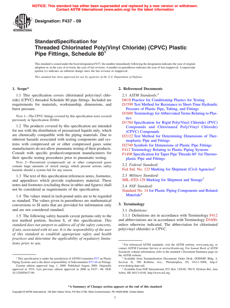 ASTM F437-09 - Standard Specification for Threaded Chlorinated Poly(Vinyl Chloride) (CPVC) Plastic Pipe Fittings, Schedule 80