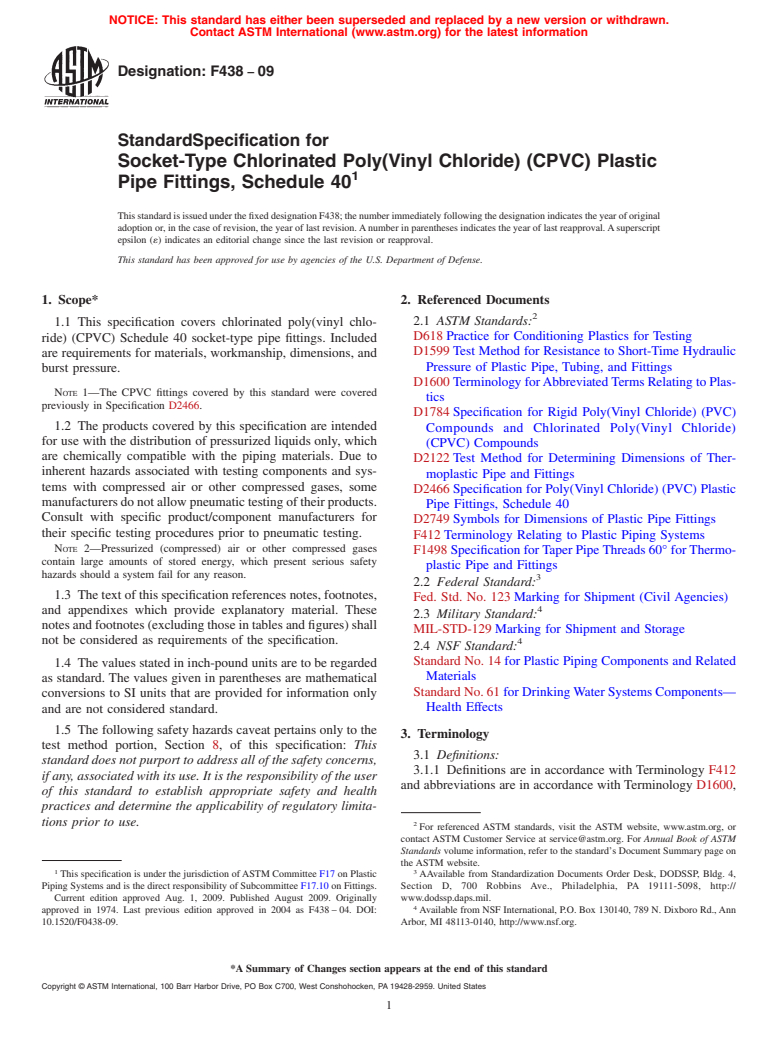 ASTM F438-09 - Standard Specification for Socket-Type Chlorinated Poly(Vinyl Chloride) (CPVC) Plastic Pipe Fittings, Schedule 40