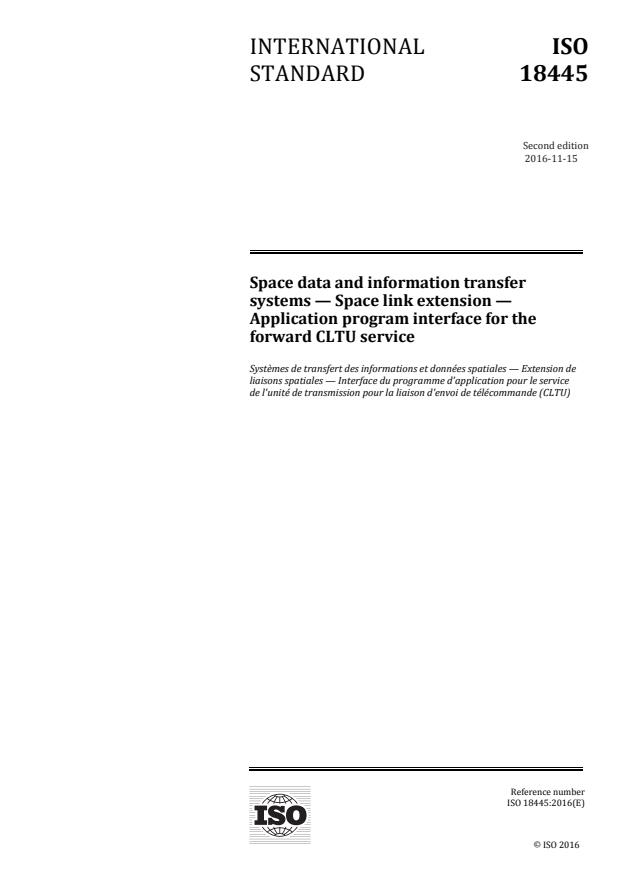 ISO 18445:2016 - Space data and information transfer systems -- Space link extension -- Application program interface for the forward CLTU service