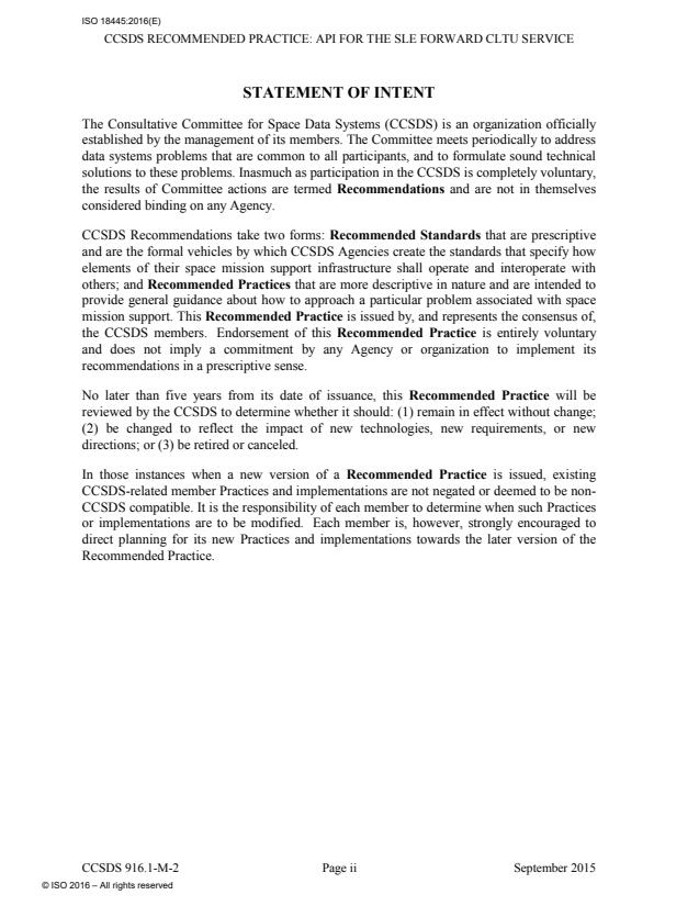 ISO 18445:2016 ISO 18445:2016 - Space data and information transfer systems -- Space link extension -- Application program interface for the forward CLTU service - Page 4 preview