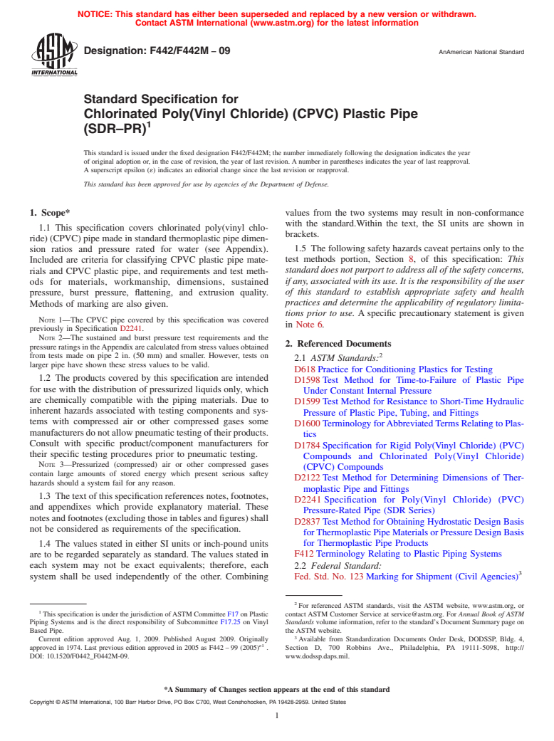 ASTM F442/F442M-09 - Standard Specification for  Chlorinated Poly(Vinyl Chloride) (CPVC) Plastic Pipe (SDR<span class='unicode'>&#x2013;</span>PR)